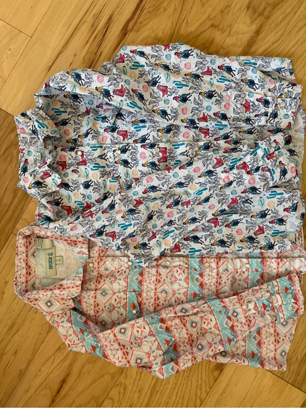Girl’s Patterned Western Snap Shirts - White with Teal & Coral Accents